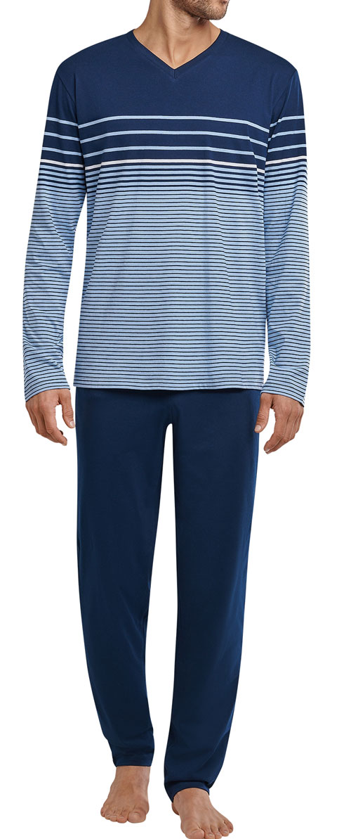 Schiesser heren pyjama blauw streep v-hals voorkant