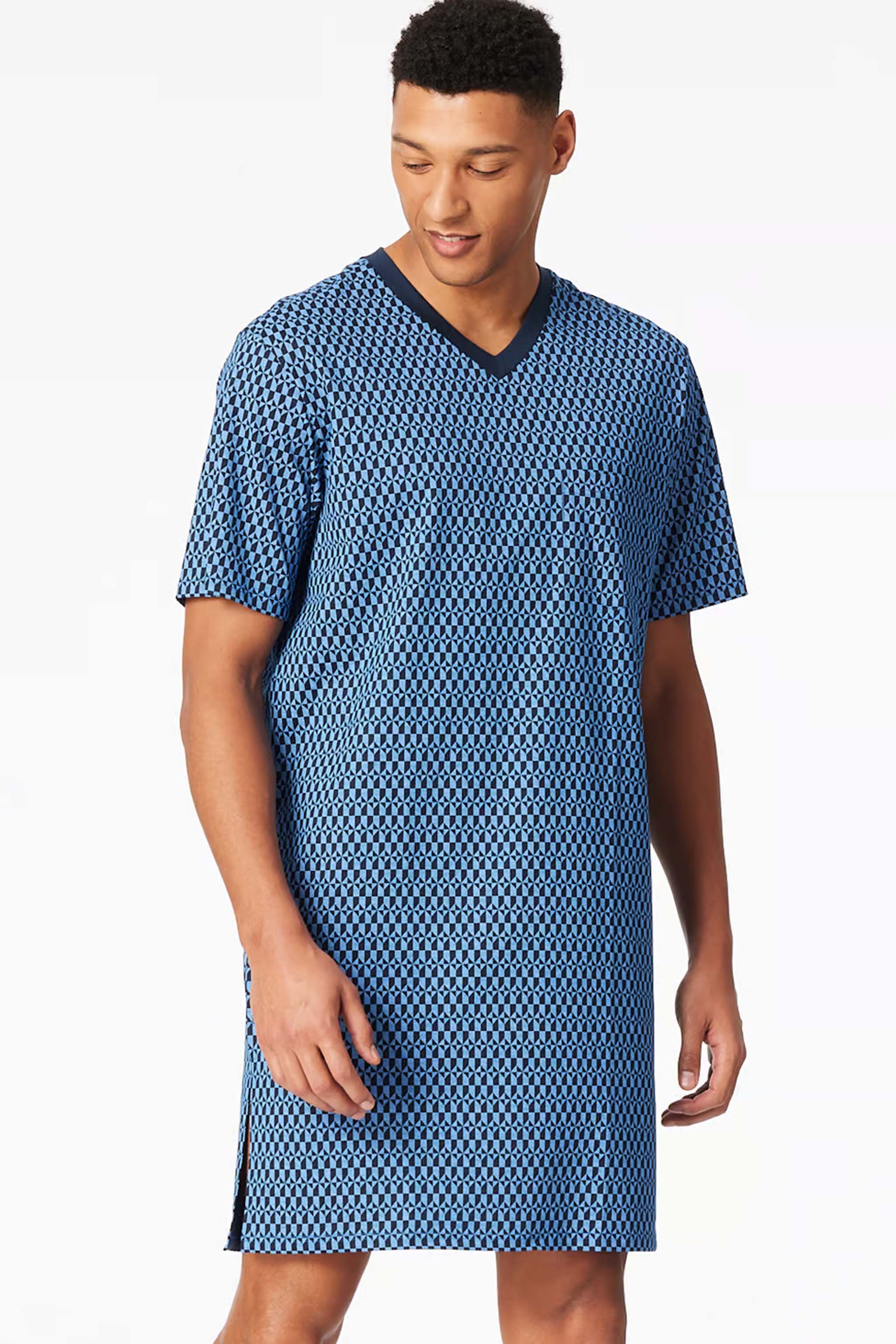 Schiesser nachthemd blauw met borstzakje 