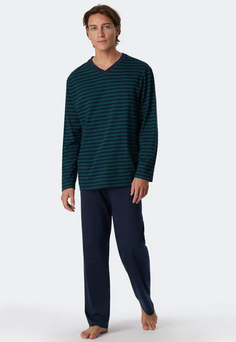 Schiesser Pyjama V-hals blauw-groen