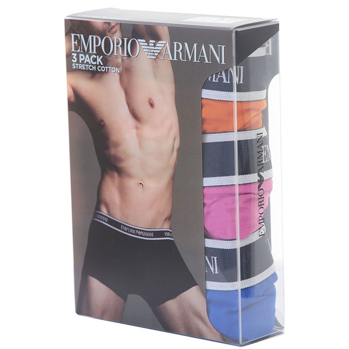 Armani 3-pack boxershorts oranje-roze-blauw verpakking