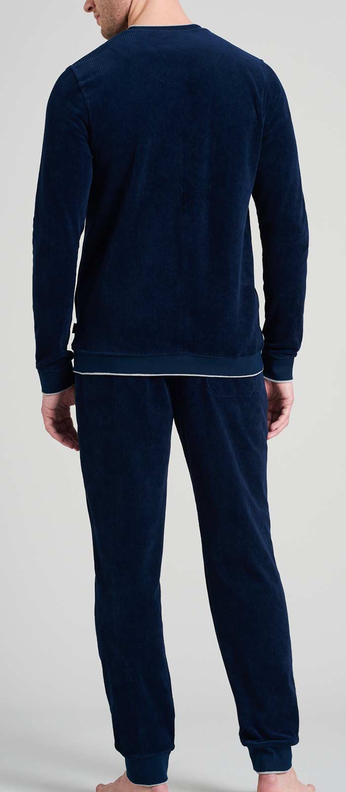 Schiesser blauw huispak rib stof achterkant