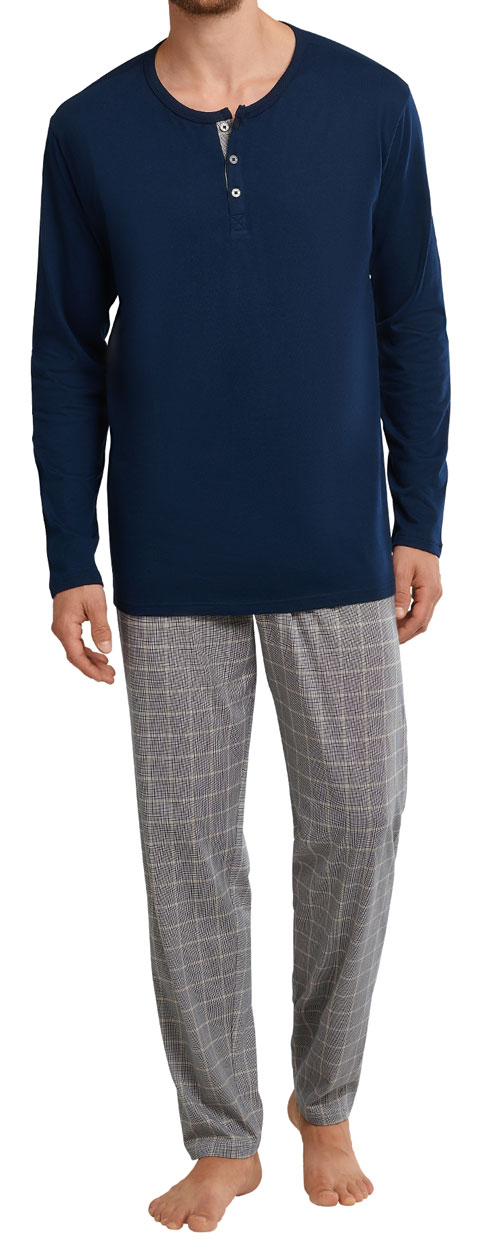 Schiesser pyjama blauw-beige met knoopjes voorkant
