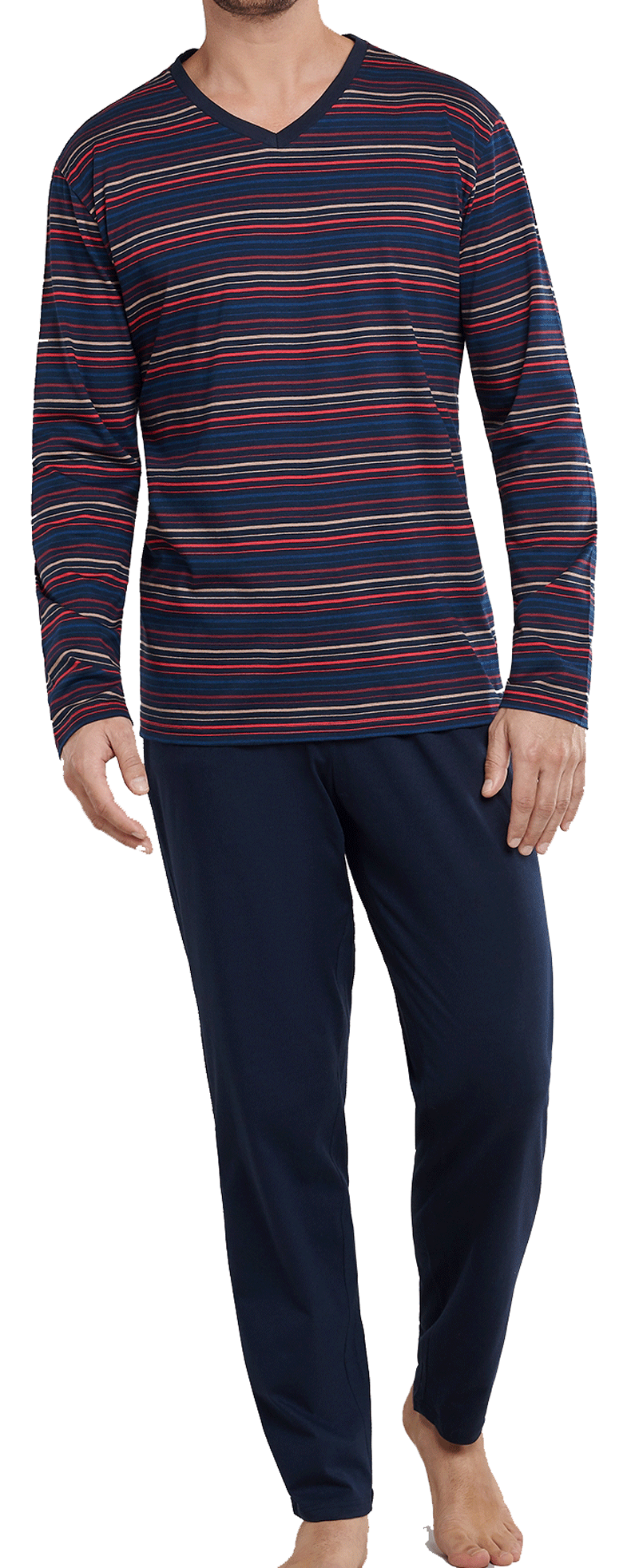 Schiesser heren pyjama V-hals blauw rood voorkant