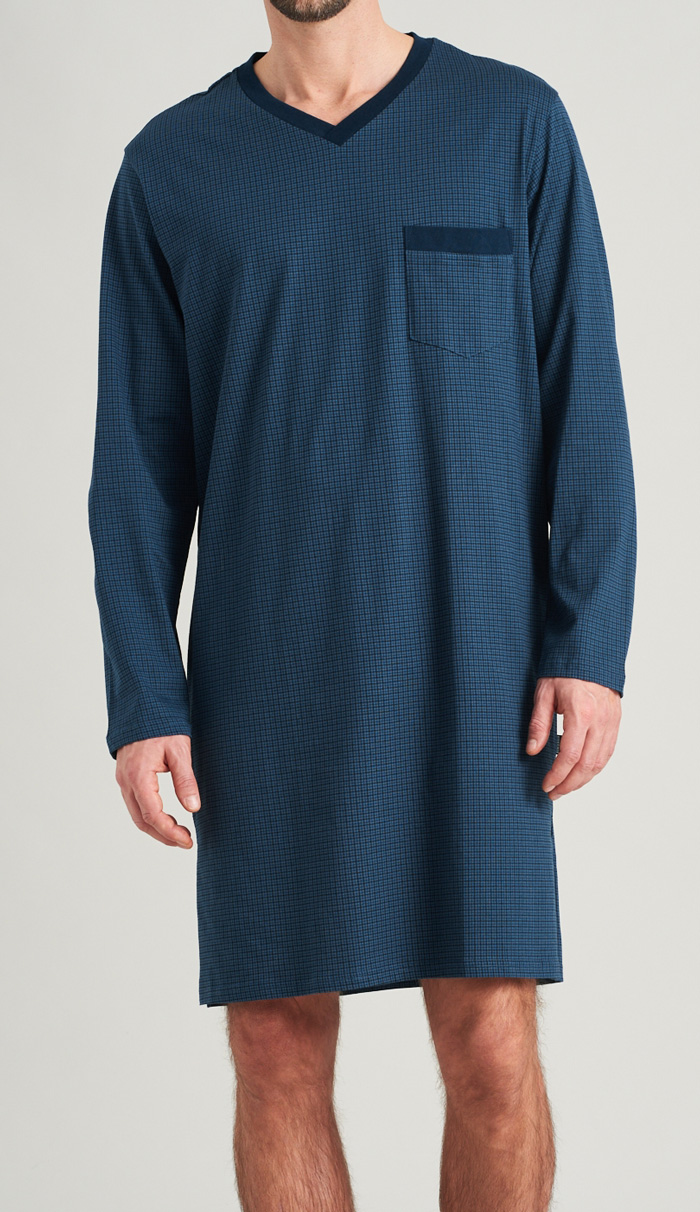 Schiesser Nachthemd blauw blokjes voorkant