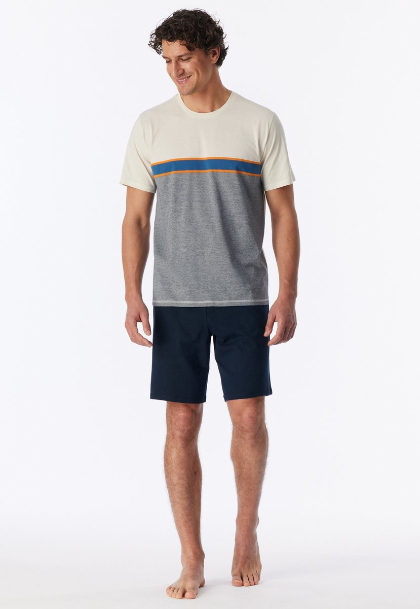 Schiesser shortama uncover beige/blauw met ronde hals