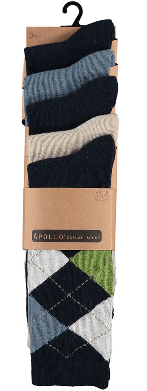 Apollo 5-paar sokken ruit-effen verpakking