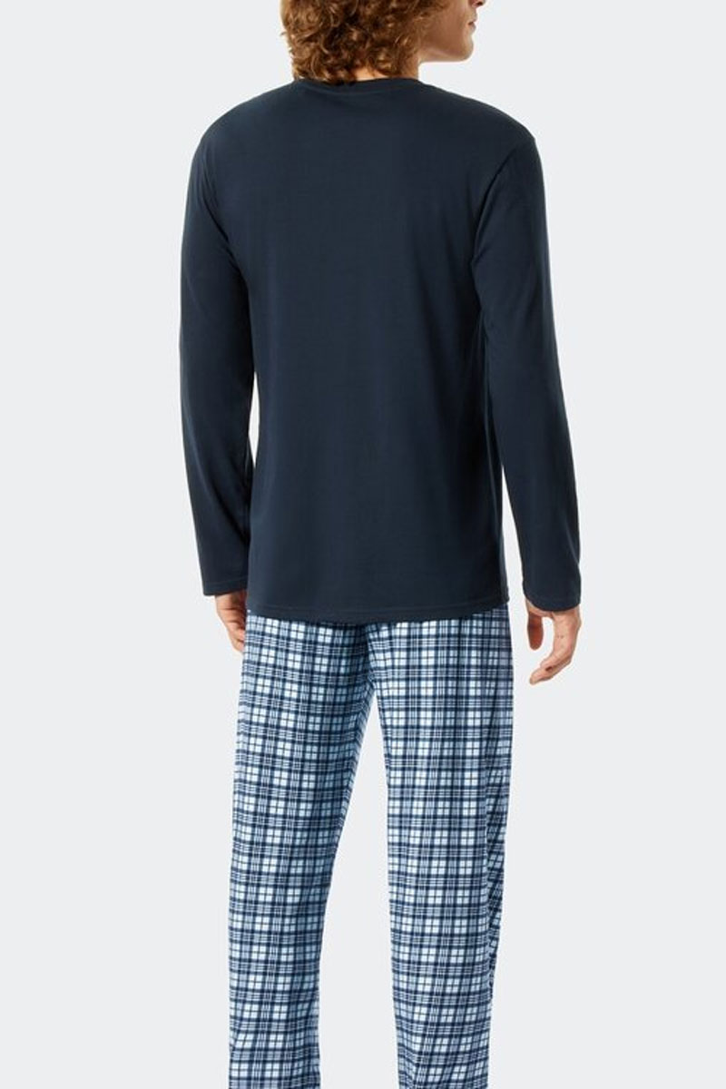 Schiesser pyjama blauw met ruitjes broek