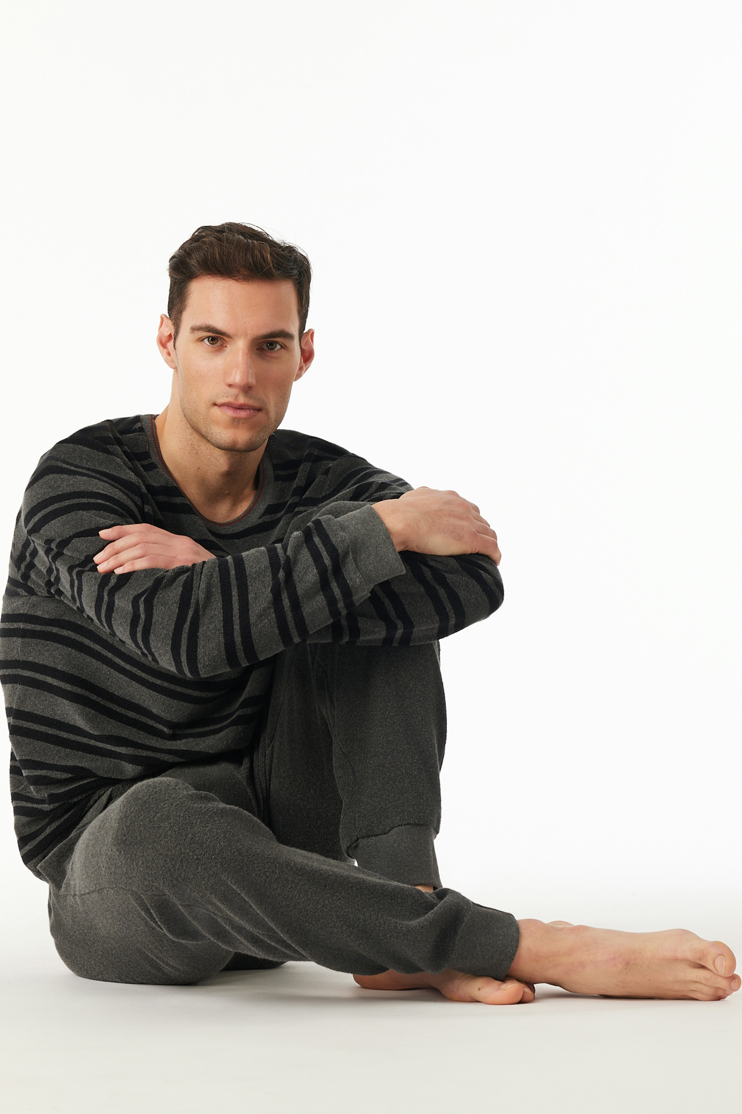 Schiesser badstof Pyjama met boorden grijs