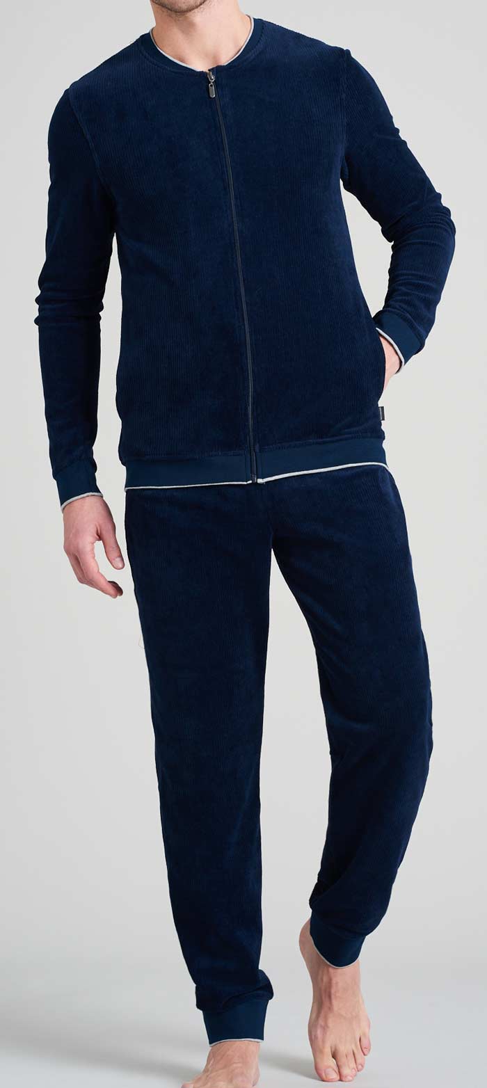 Schiesser blauw huispak rib stof voorkant