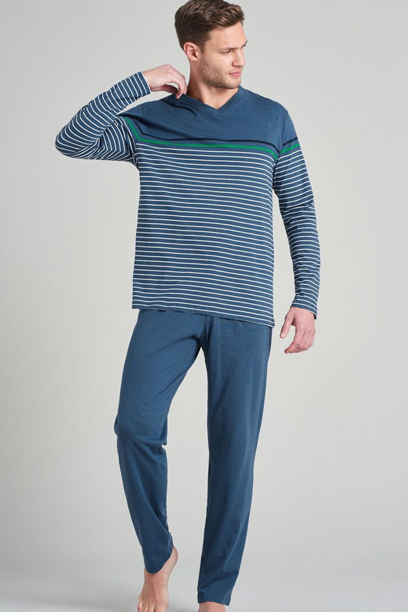 Schiesser Pyjama met V-hals jeansblauw gestreept