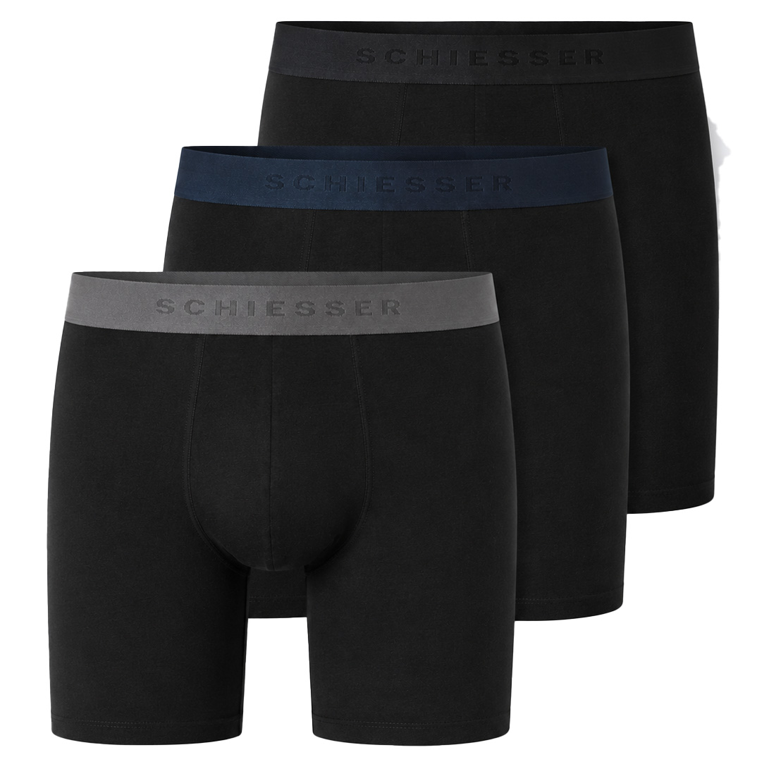 Schiesser 95/5 Boxershorts lang 3-pack zwart met gekleurde band