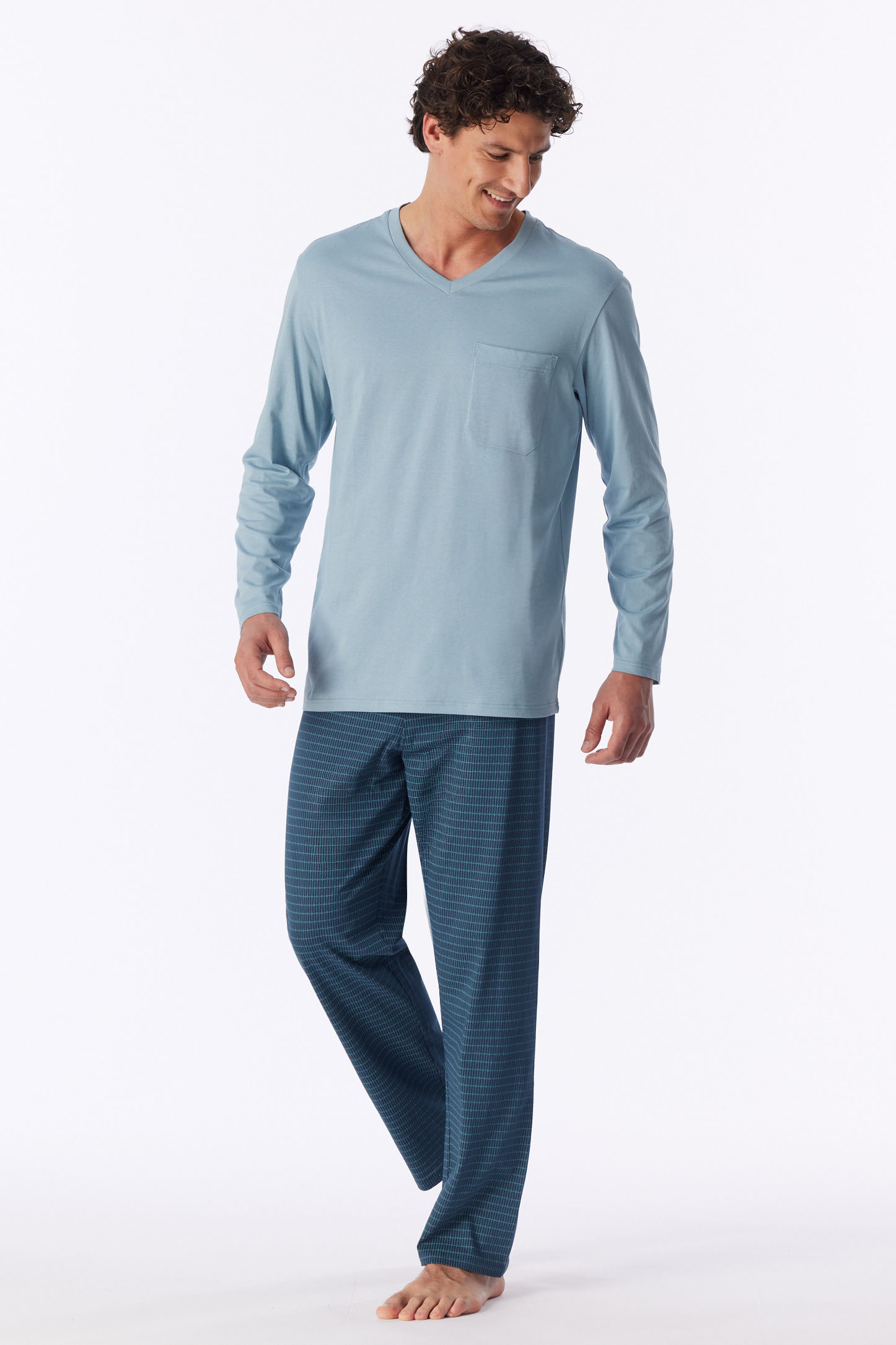 Schiesser Pyjama met  V-hals met rechte pijpen ice blue