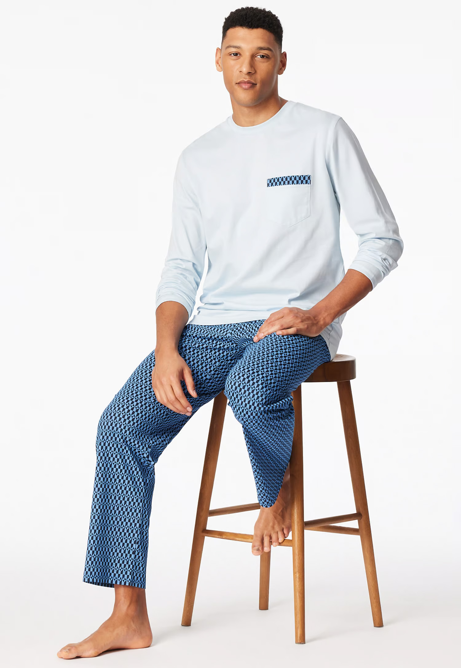 Schiesser Pyjama lichtblauw met borstzakje