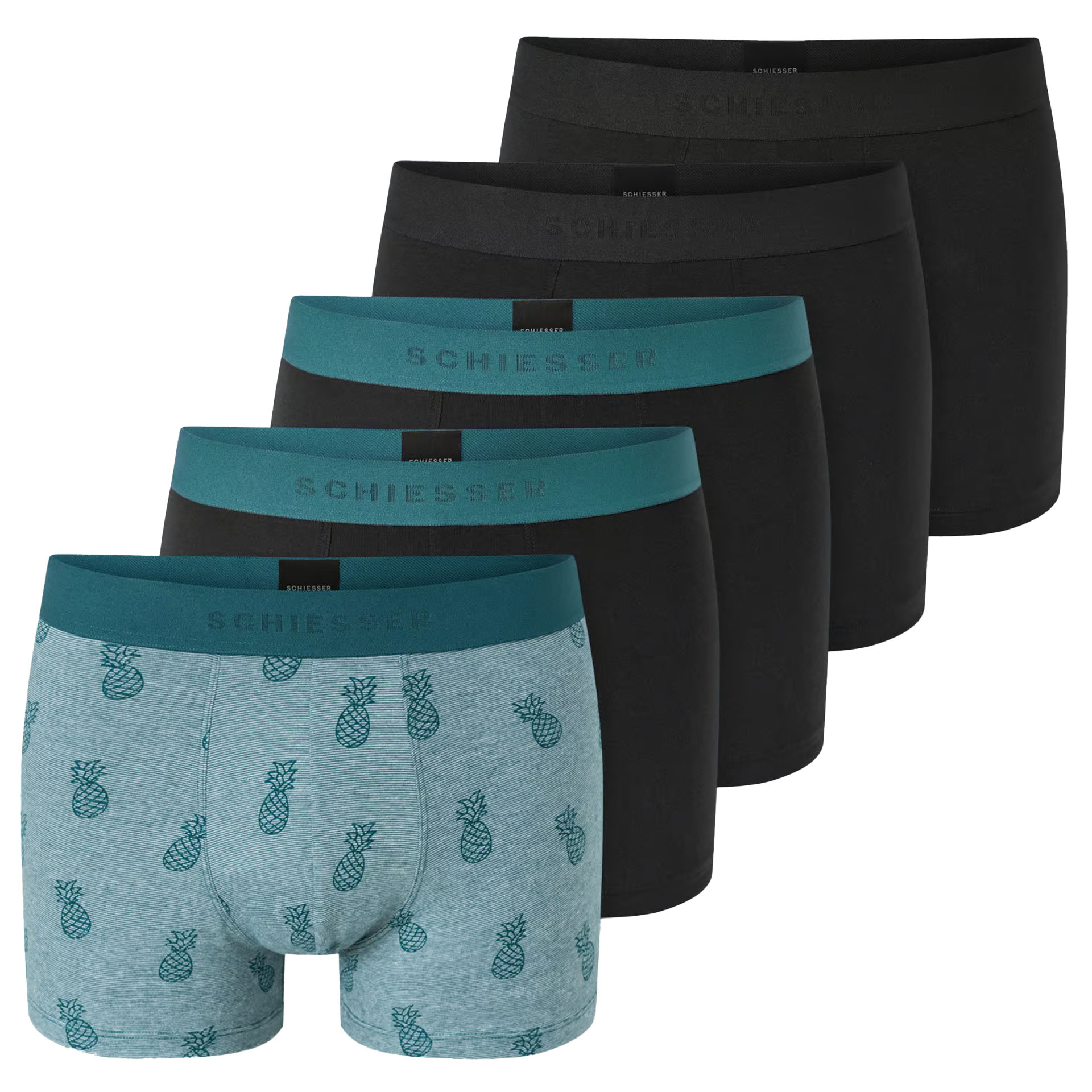 Schiesser Boxershorts 95/5 zwart-groen 5-pack  