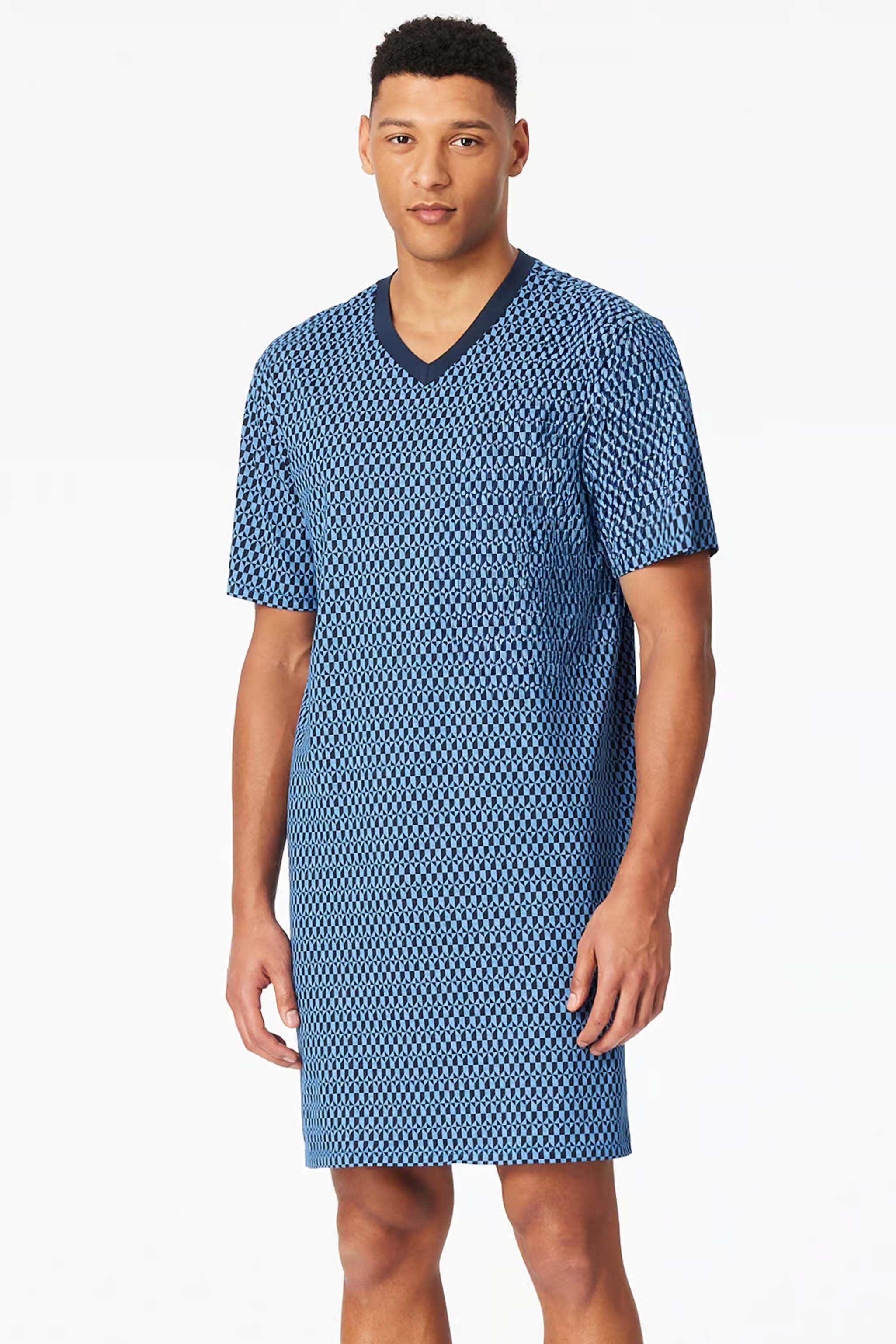 Schiesser nachthemd blauw met borstzakje 