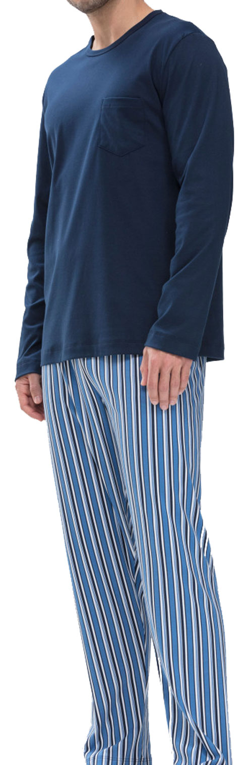 Mey pyjama blauw met gestreepte broek voorkant
