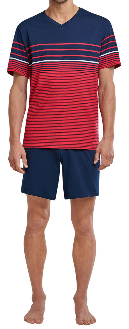 Schiesser Shortama gestreept met V-hals rood voorkant