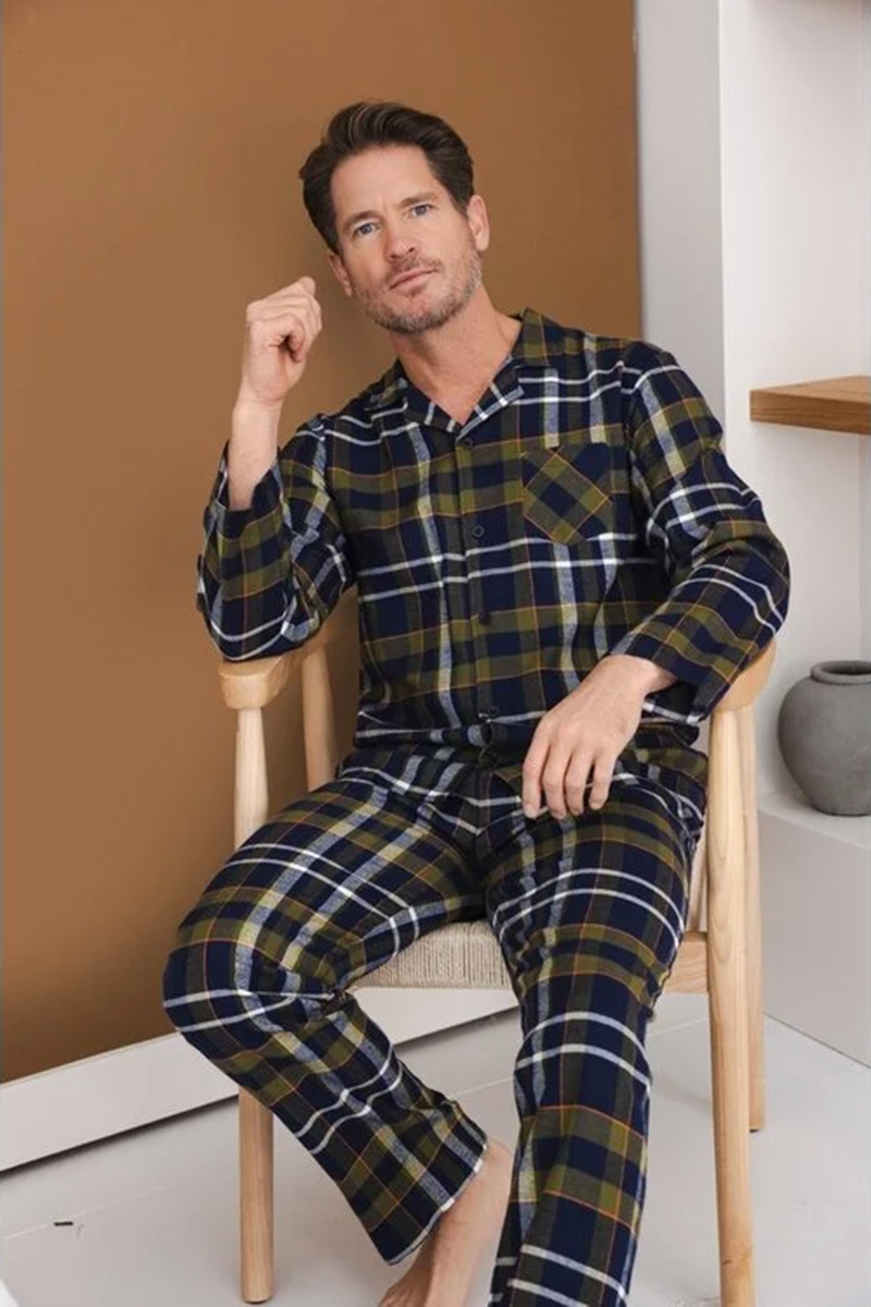 Pastunette doorknoop pyjama Flanel blauw-groen 