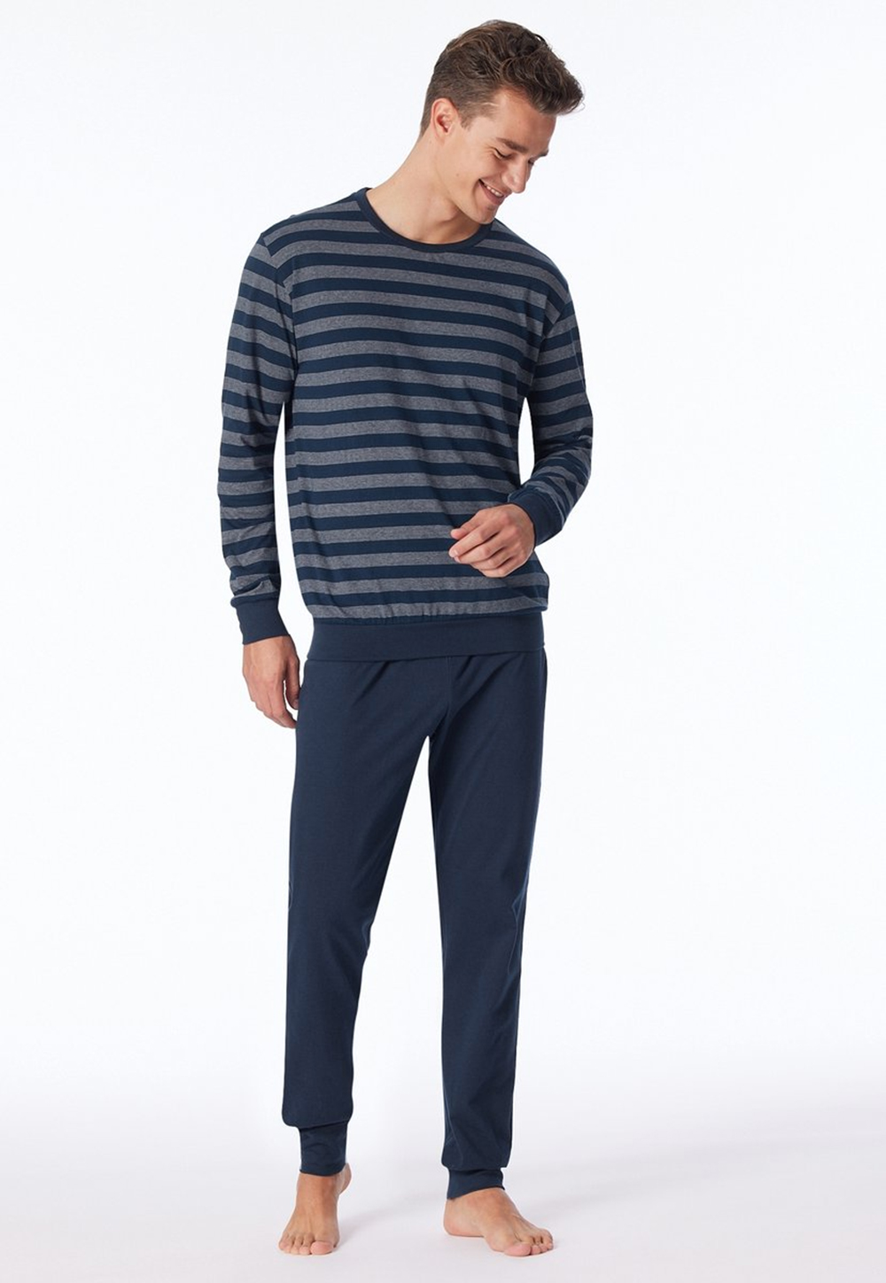 Schiesser pyjama Uncover met boorden marine blauw