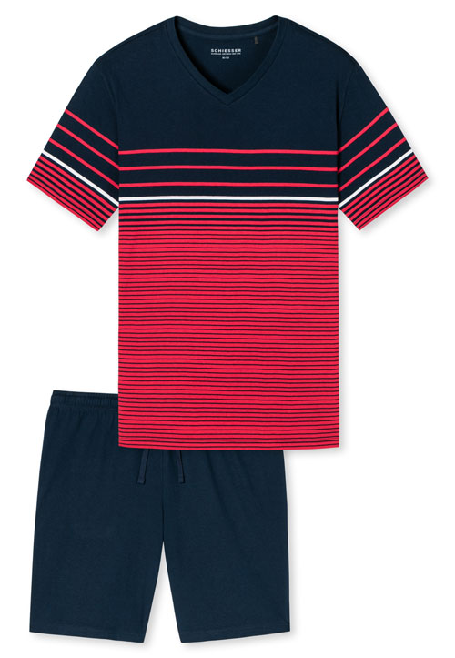 Schiesser Shortama gestreept met V-hals rood