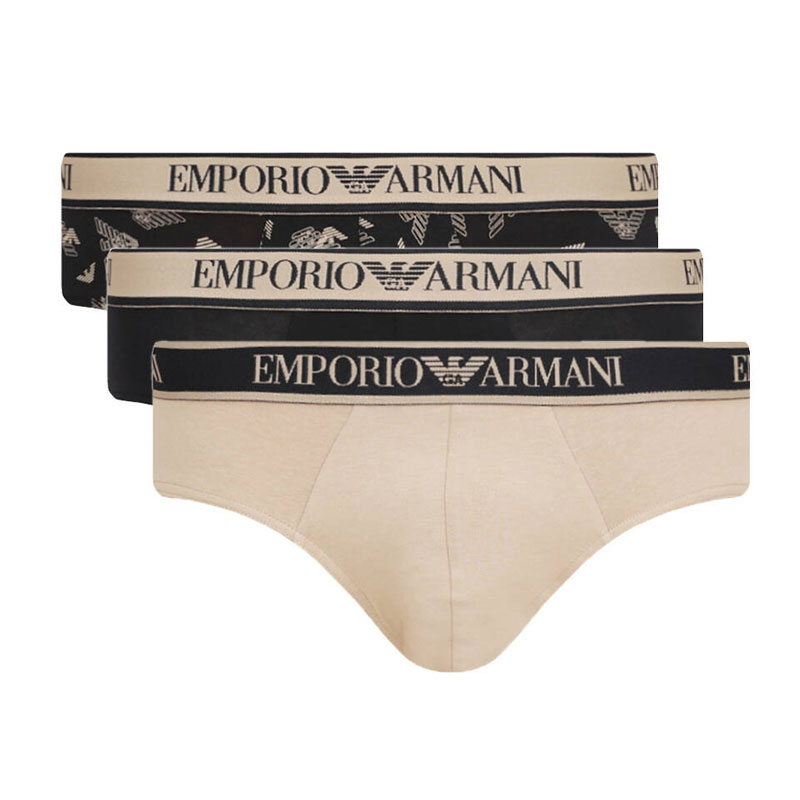 Armani slips 3-pack zwart-beige met logoprint 